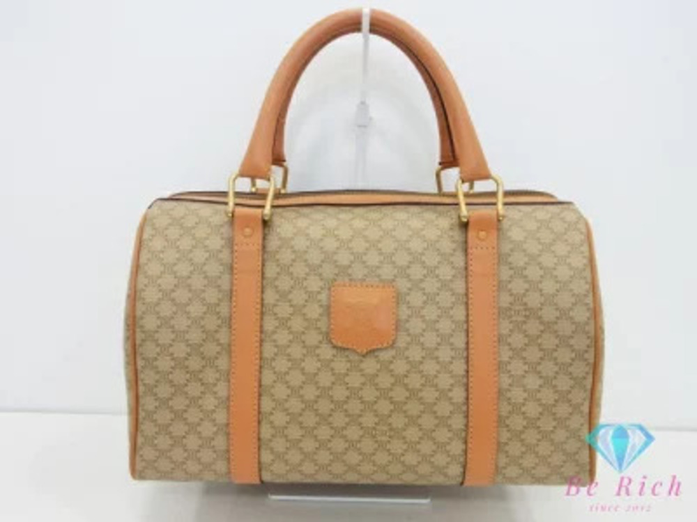 Celine Boston Bag Macadam Beige Brown Leather Blazon Handbag Travel